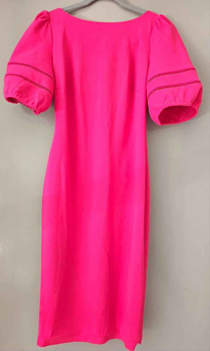 Karl Lagerfeld Paris Hot Pink Puff Sleeve Midi Sheath Dress Size 0 Ladder Lace